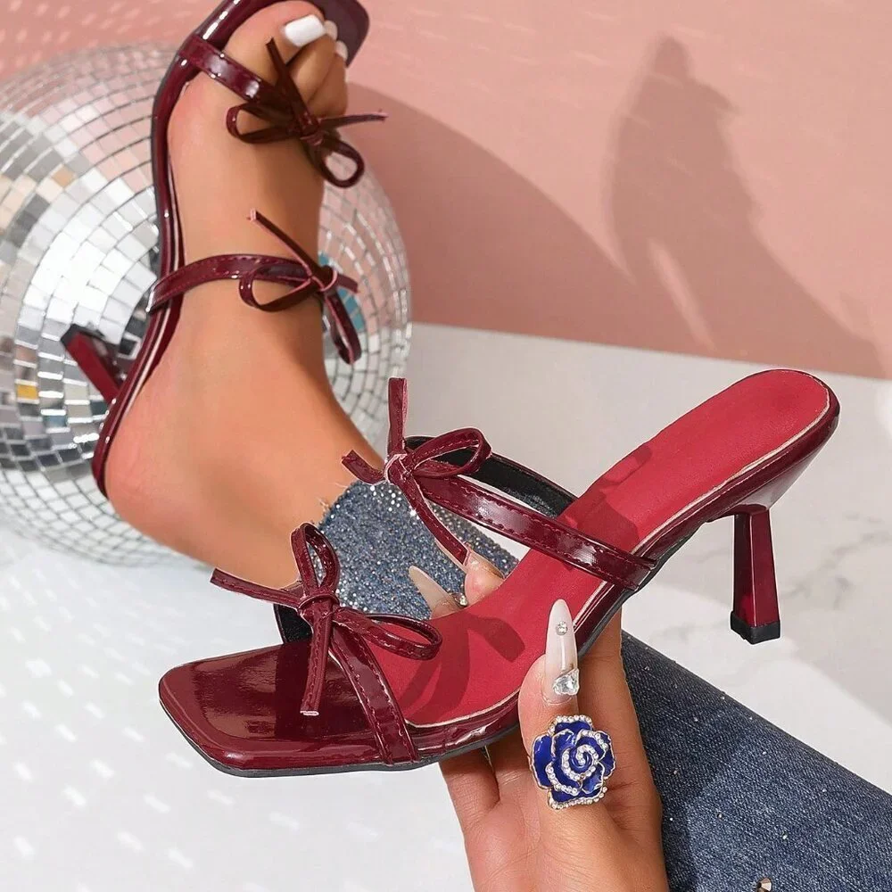 Burgundy Bowknot Open Toe High Heel Women's Sandals